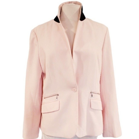 Light Pink Blazer Suit Jacket Black Under Collar Flap & Zip pockets 16 NY & Co - Picture 5 of 12